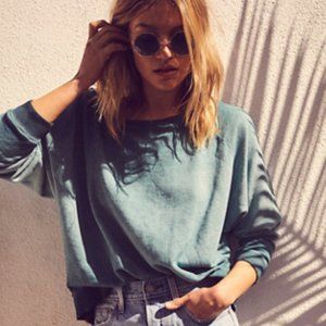 Free People Slouchy Distress Oversize Pullover, Size L Midnight Emerald Wash